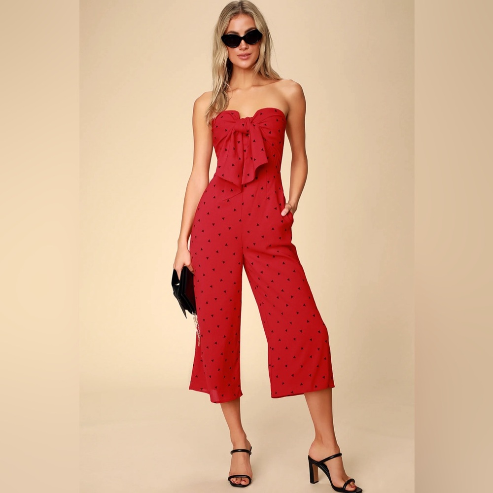 Lulu’s Nectar Red Print Strapless Tie-Front Jumpsuit